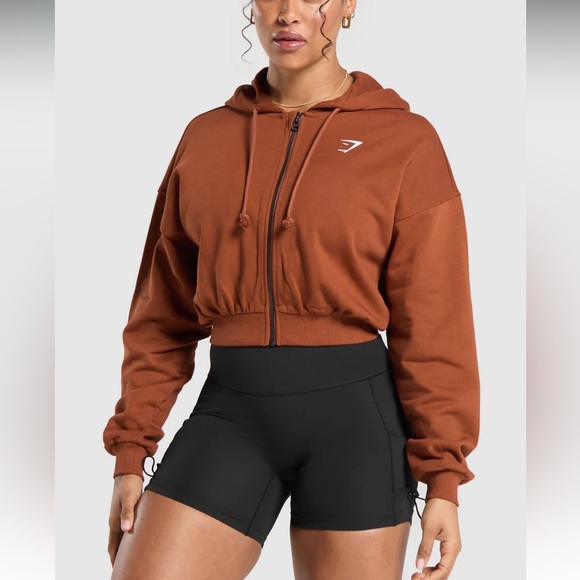 Gymshark Rust Brown Cropped Hoodie with Logo - Picture 2 of 8